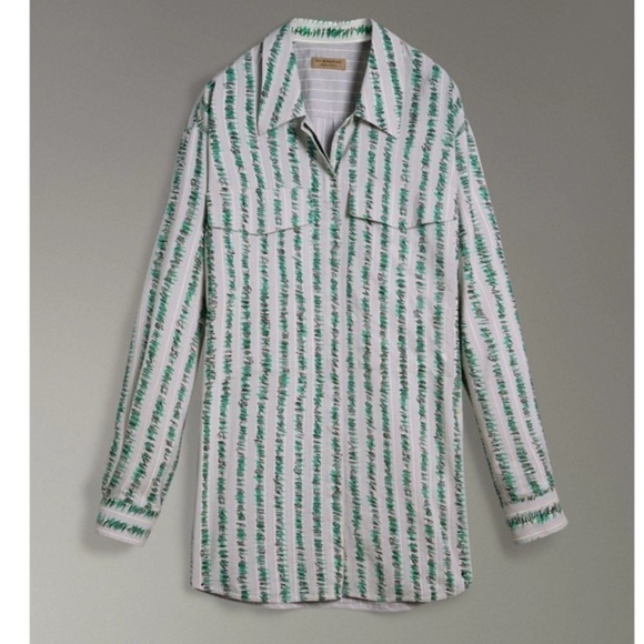 Burberry Striped Scribble Silk Cotton Blend Button Down Shirt - Picture 1 of 13